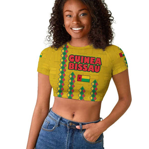Guinea Bissau Raglan Cropped T shirt Yellow Tribal Geometric Design and National Flag - African Pride