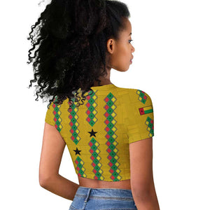 Guinea Bissau Raglan Cropped T shirt Yellow Tribal Geometric Design and National Flag - African Pride