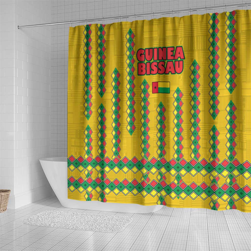 Guinea Bissau Shower Curtain Yellow Tribal Geometric Design and National Flag - African Pride