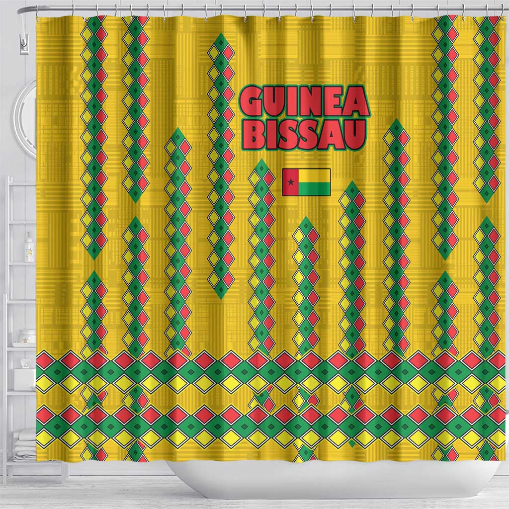 Guinea Bissau Shower Curtain Yellow Tribal Geometric Design and National Flag - African Pride
