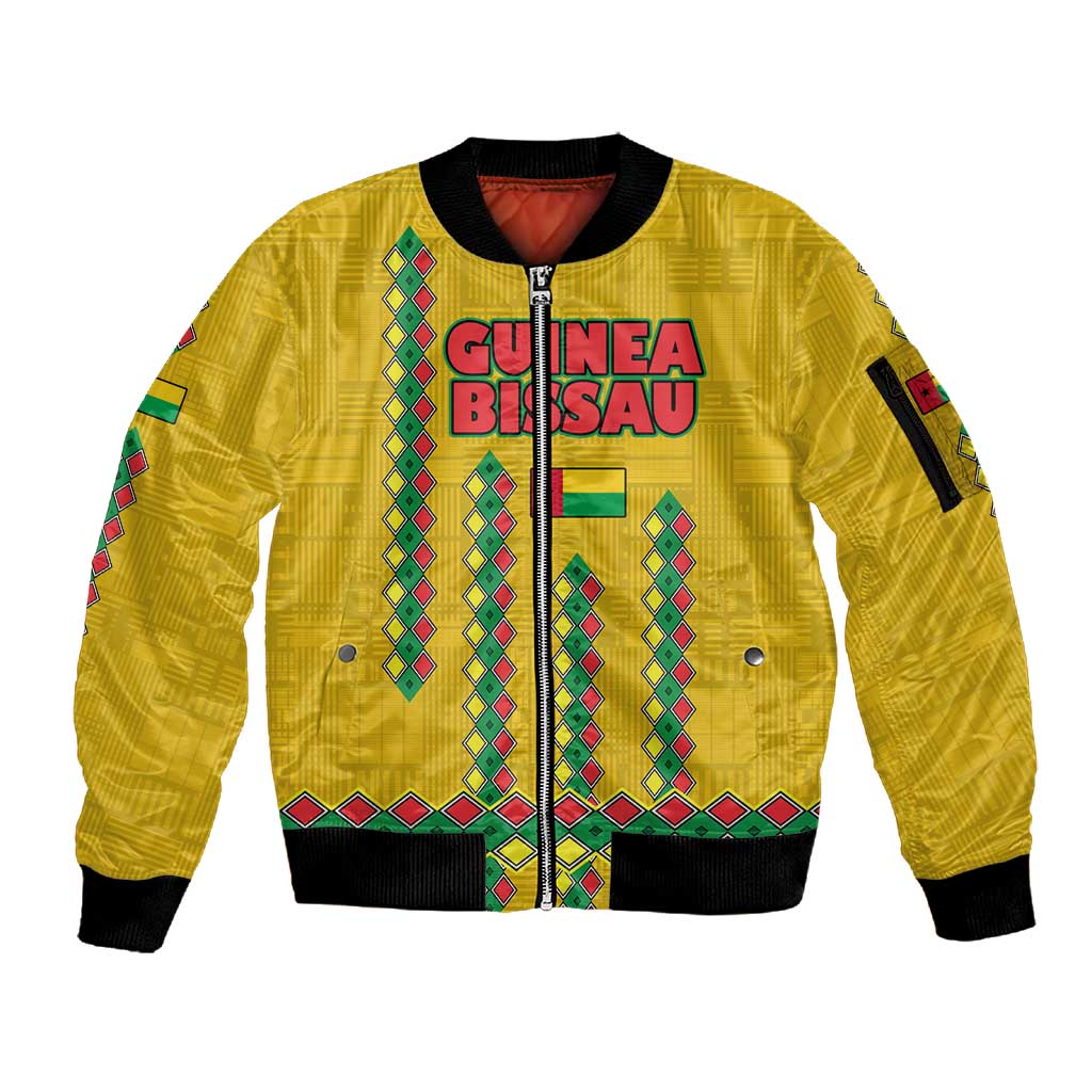 Guinea Bissau Sleeve Zip Bomber Jacket Yellow Tribal Geometric Design and National Flag - African Pride