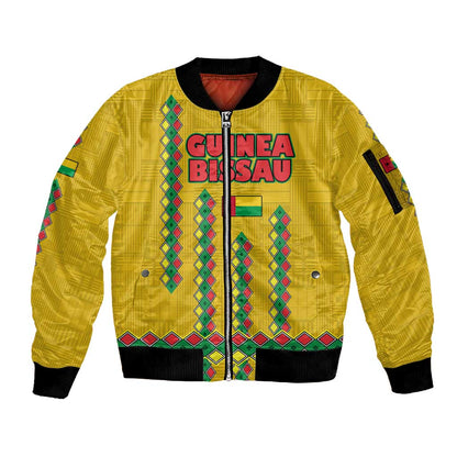 Guinea Bissau Sleeve Zip Bomber Jacket Yellow Tribal Geometric Design and National Flag - African Pride