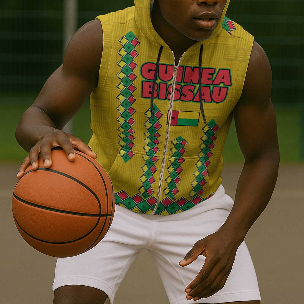 Guinea Bissau Sleeveless Zip Hoodie Yellow Tribal Geometric Design and National Flag - African Pride