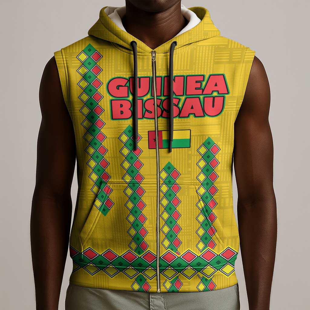 Guinea Bissau Sleeveless Zip Hoodie Yellow Tribal Geometric Design and National Flag - African Pride