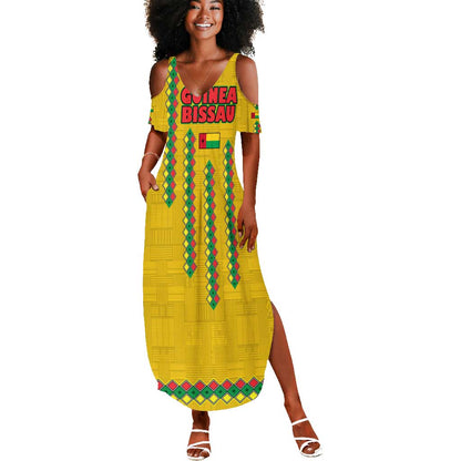 Guinea Bissau Summer Maxi Dress Yellow Tribal Geometric Design and National Flag - African Pride