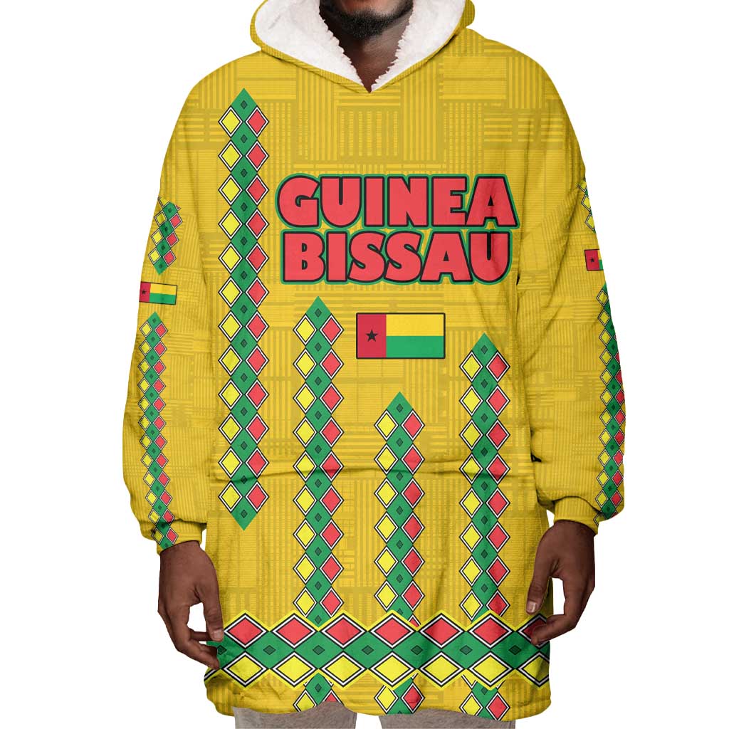 Guinea Bissau Wearable Blanket Hoodie Yellow Tribal Geometric Design and National Flag - African Pride