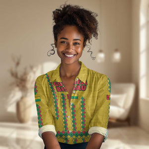 Guinea Bissau Women Casual Shirt Yellow Tribal Geometric Design and National Flag - African Pride