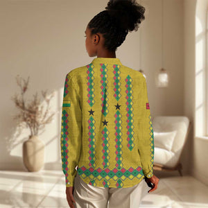 Guinea Bissau Women Casual Shirt Yellow Tribal Geometric Design and National Flag - African Pride