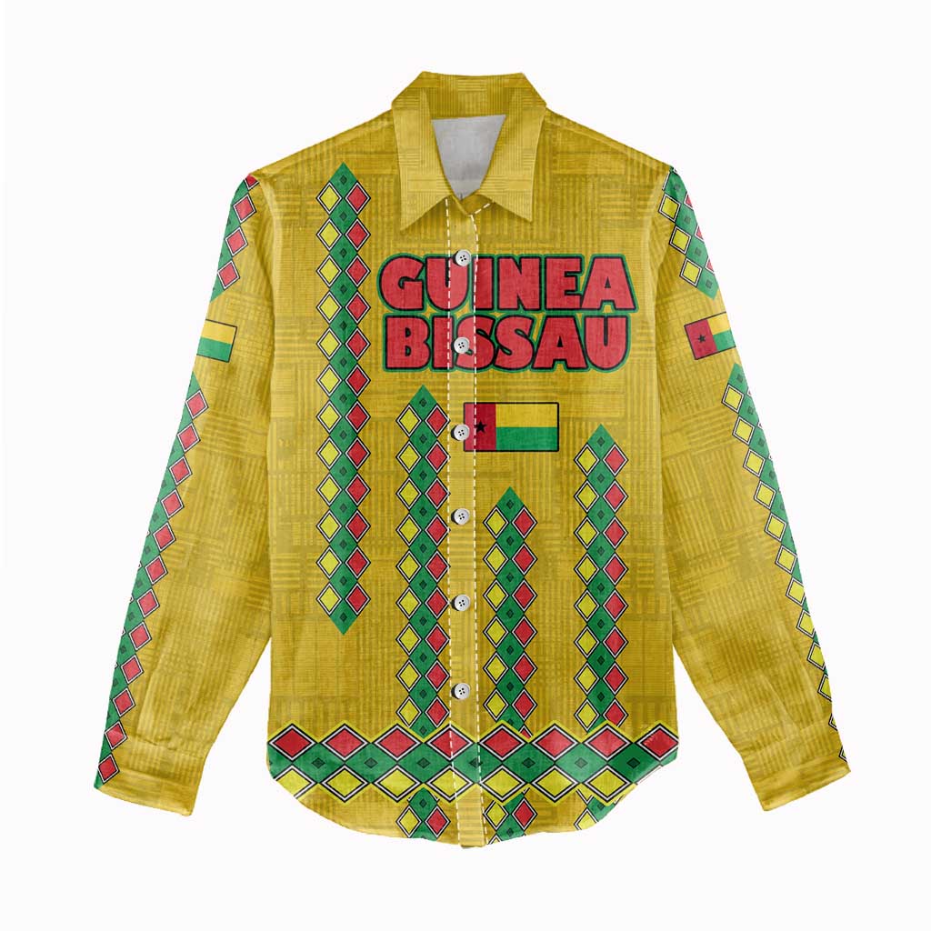 Guinea Bissau Women Casual Shirt Yellow Tribal Geometric Design and National Flag - African Pride