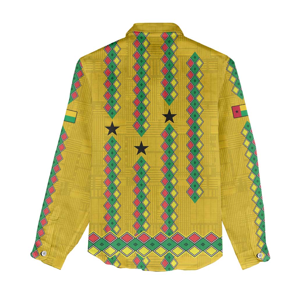 Guinea Bissau Women Casual Shirt Yellow Tribal Geometric Design and National Flag - African Pride
