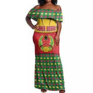 Guinea Bissau Off Shoulder Maxi Dress Red Yellow Green Geometric - African Pride