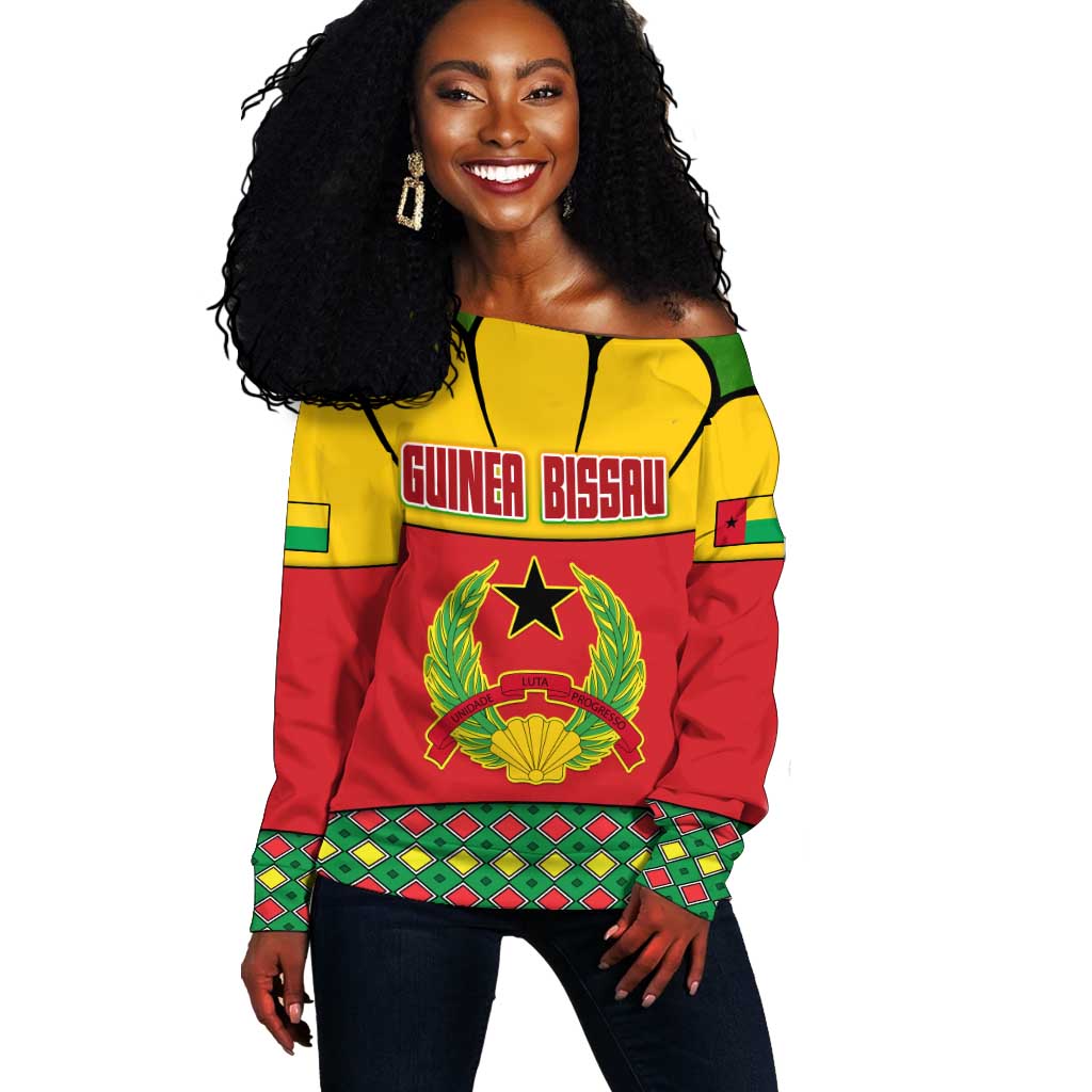 Guinea Bissau Off Shoulder Sweater Red Yellow Green Geometric - African Pride