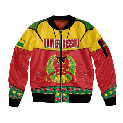 Guinea Bissau Sleeve Zip Bomber Jacket Red Yellow Green Geometric - African Pride