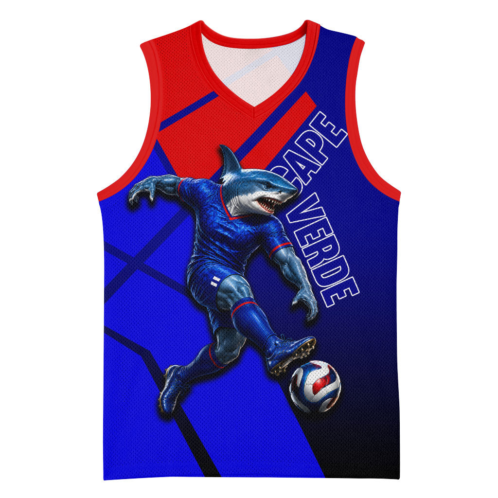Personalized Cape Verde Soccer Shark Mascot Basketball Jersey Blue Sharks Football Player Dynamic Graphic