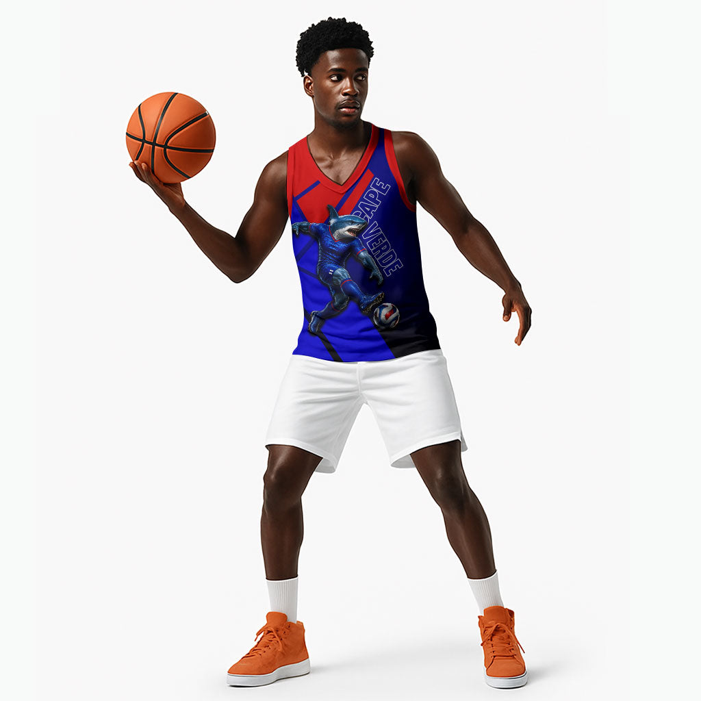 Personalized Cape Verde Soccer Shark Mascot Basketball Jersey Blue Sharks Football Player Dynamic Graphic