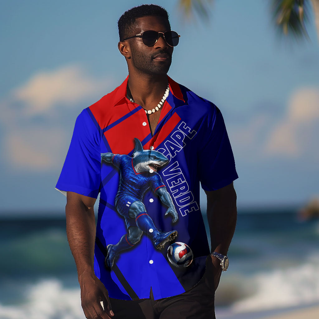 Personalized Cape Verde Soccer Shark Mascot Hawaiian Shirt Blue Sharks Football Player Dynamic Graphic