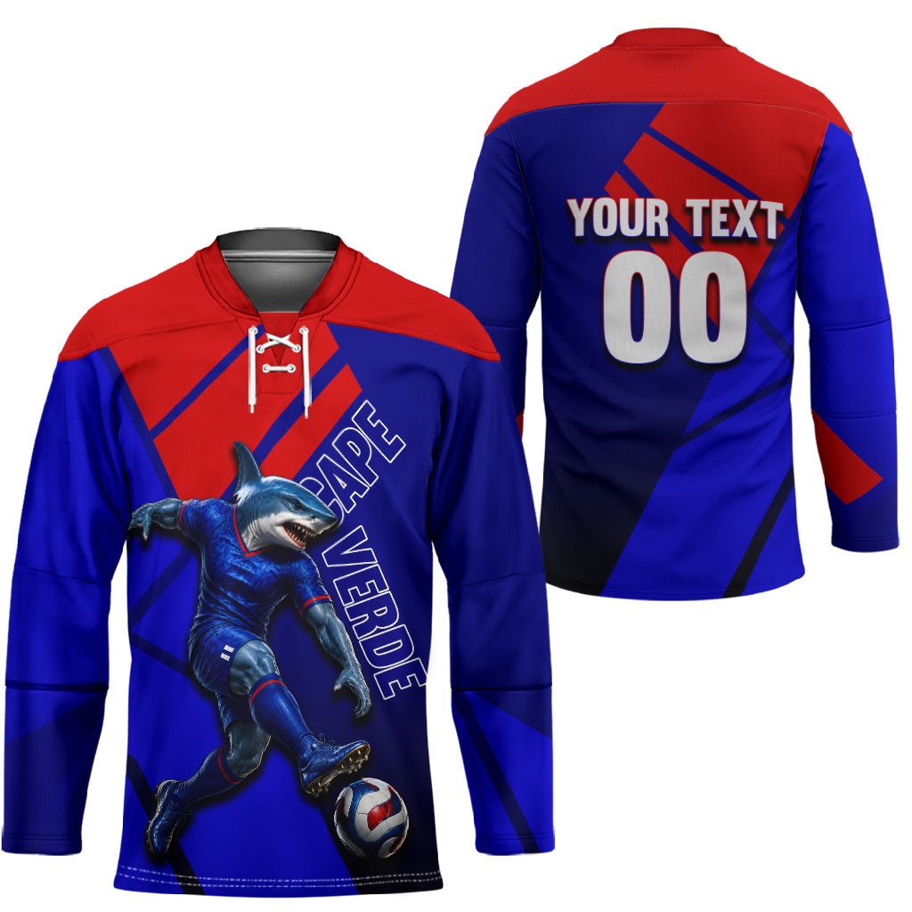 Personalized Cape Verde Soccer Shark Mascot Hockey Jersey Blue Sharks Football Player Dynamic Graphic