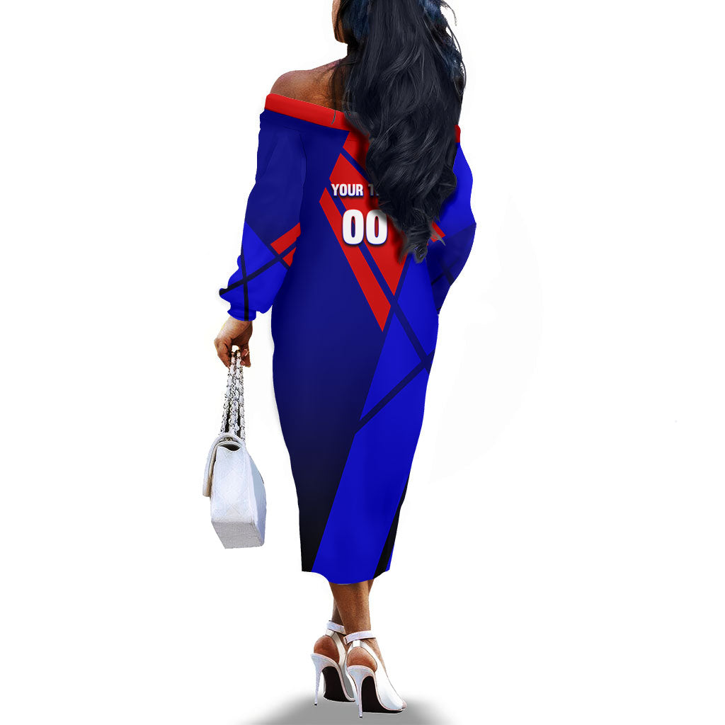 Personalized Cape Verde Soccer Shark Mascot Off The Shoulder Long Sleeve Dress Blue Sharks Football Player Dynamic Graphic