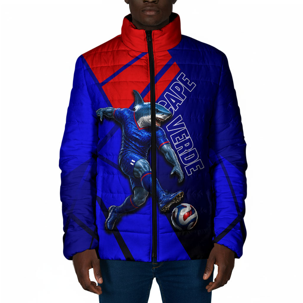 Personalized Cape Verde Soccer Shark Mascot Padded Jacket Blue Sharks Football Player Dynamic Graphic