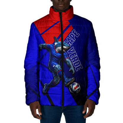 Personalized Cape Verde Soccer Shark Mascot Padded Jacket Blue Sharks Football Player Dynamic Graphic