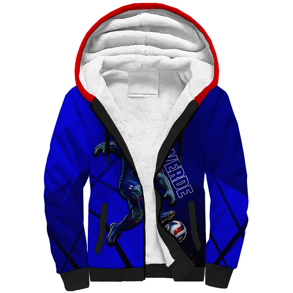 Personalized Cape Verde Soccer Shark Mascot Sherpa Hoodie Blue Sharks Football Player Dynamic Graphic