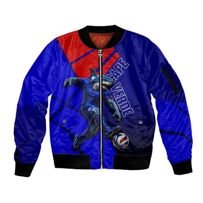 Personalized Cape Verde Soccer Shark Mascot Sleeve Zip Bomber Jacket Blue Sharks Football Player Dynamic Graphic