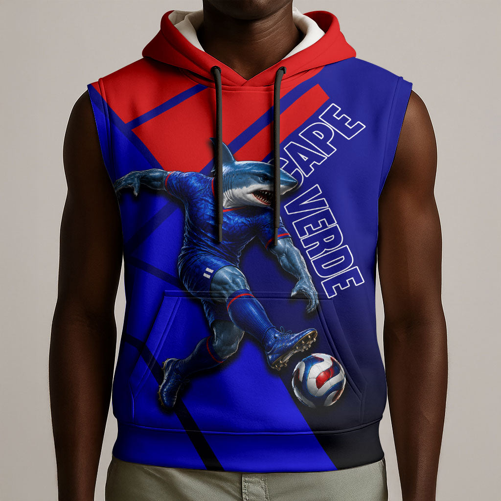 Personalized Cape Verde Soccer Shark Mascot Sleeveless Hoodie Blue Sharks Football Player Dynamic Graphic