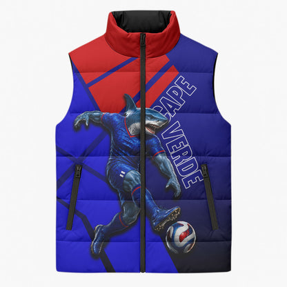 Personalized Cape Verde Soccer Shark Mascot Sleeveless Puffer Jacket Blue Sharks Football Player Dynamic Graphic