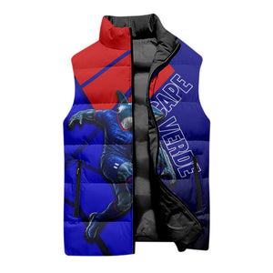 Personalized Cape Verde Soccer Shark Mascot Sleeveless Puffer Jacket Blue Sharks Football Player Dynamic Graphic