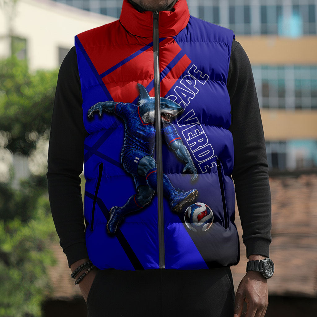 Personalized Cape Verde Soccer Shark Mascot Sleeveless Puffer Jacket Blue Sharks Football Player Dynamic Graphic