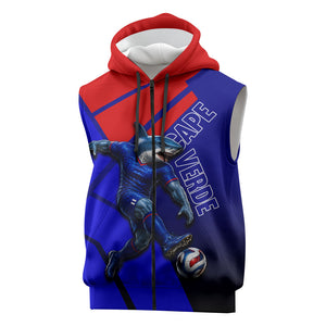 Personalized Cape Verde Soccer Shark Mascot Sleeveless Zip Hoodie Blue Sharks Football Player Dynamic Graphic