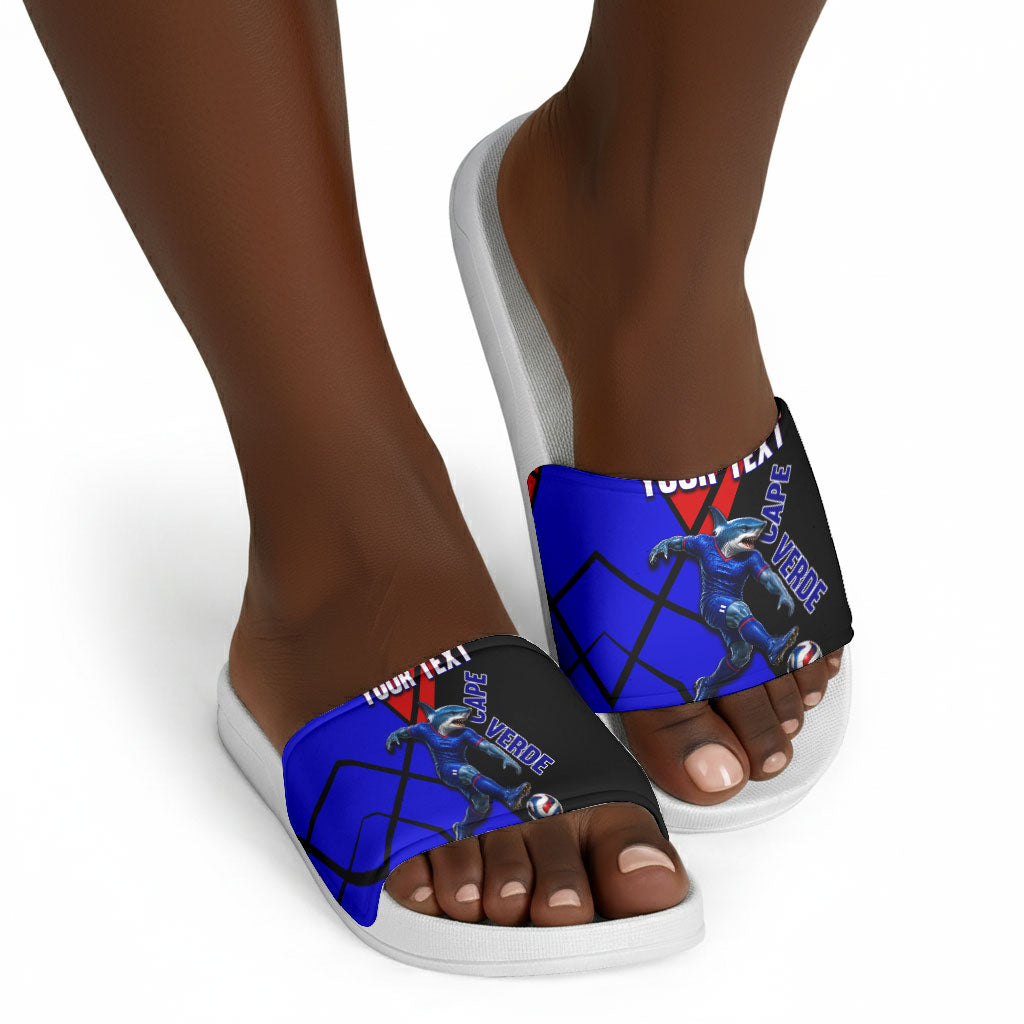 Personalized Cape Verde Soccer Shark Mascot Slide Sandals Blue Sharks Football Player Dynamic Graphic