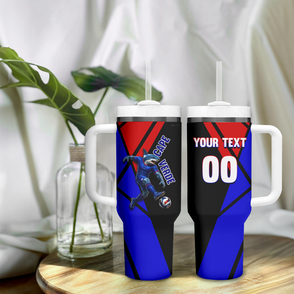 Personalized Cape Verde Soccer Shark Mascot Tumbler With Handle Blue Sharks Football Player Dynamic Graphic
