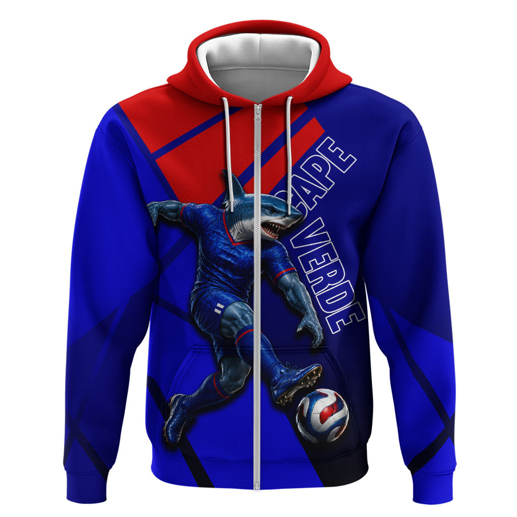 Personalized Cape Verde Soccer Shark Mascot Zip Hoodie Blue Sharks Football Player Dynamic Graphic