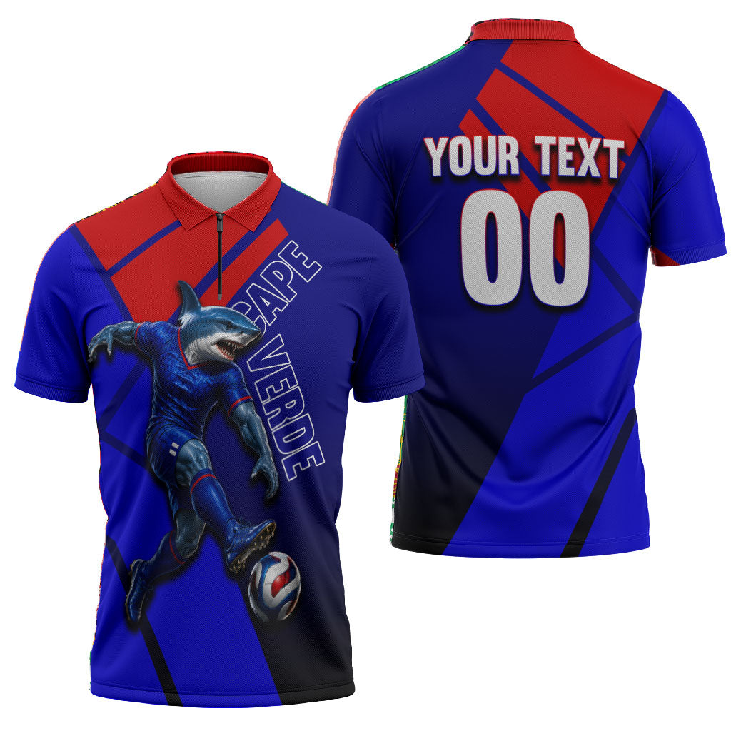 Personalized Cape Verde Soccer Shark Mascot Zipper Polo Shirt Blue Sharks Football Player Dynamic Graphic