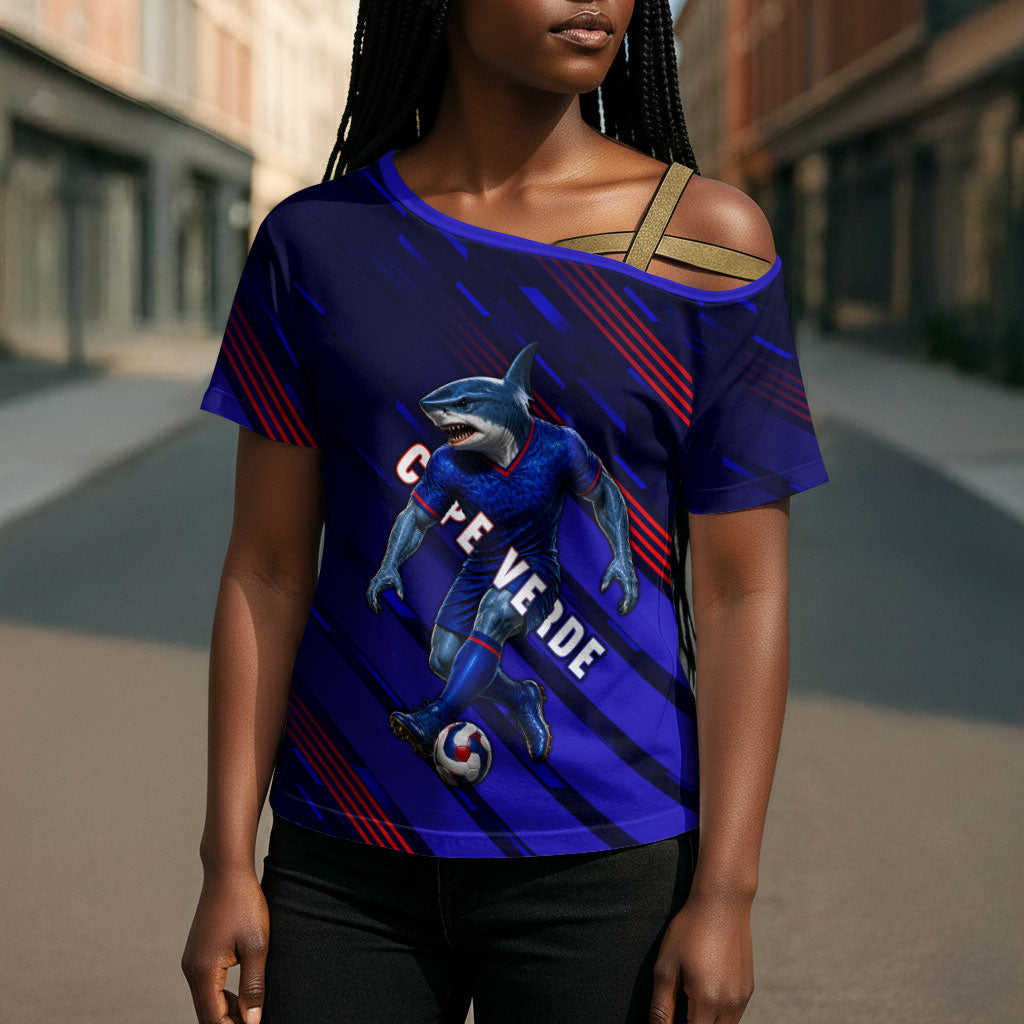 Personalized Cape Verde Soccer Cross Shoulder Shirt Shark Mascot Football Player Striped Pattern