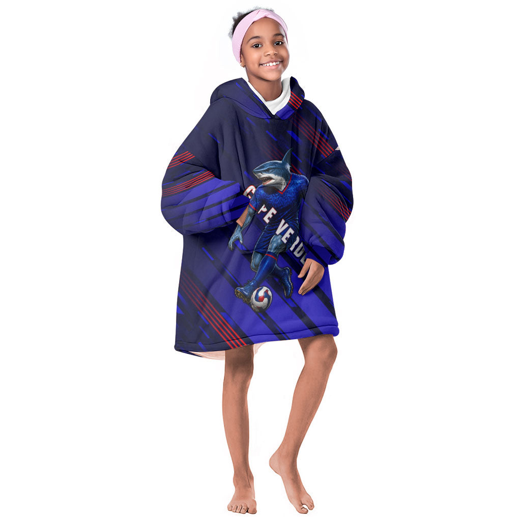 Personalized Cape Verde Soccer Kid Wearable Blanket Hoodie Shark Mascot Football Player Striped Pattern