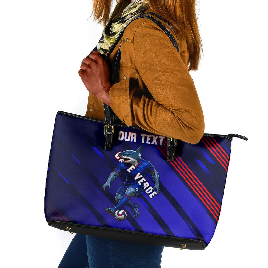 Personalized Cape Verde Soccer Leather Tote Bag Shark Mascot Football Player Striped Pattern