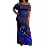 Personalized Cape Verde Soccer Off Shoulder Maxi Dress Shark Mascot Football Player Striped Pattern