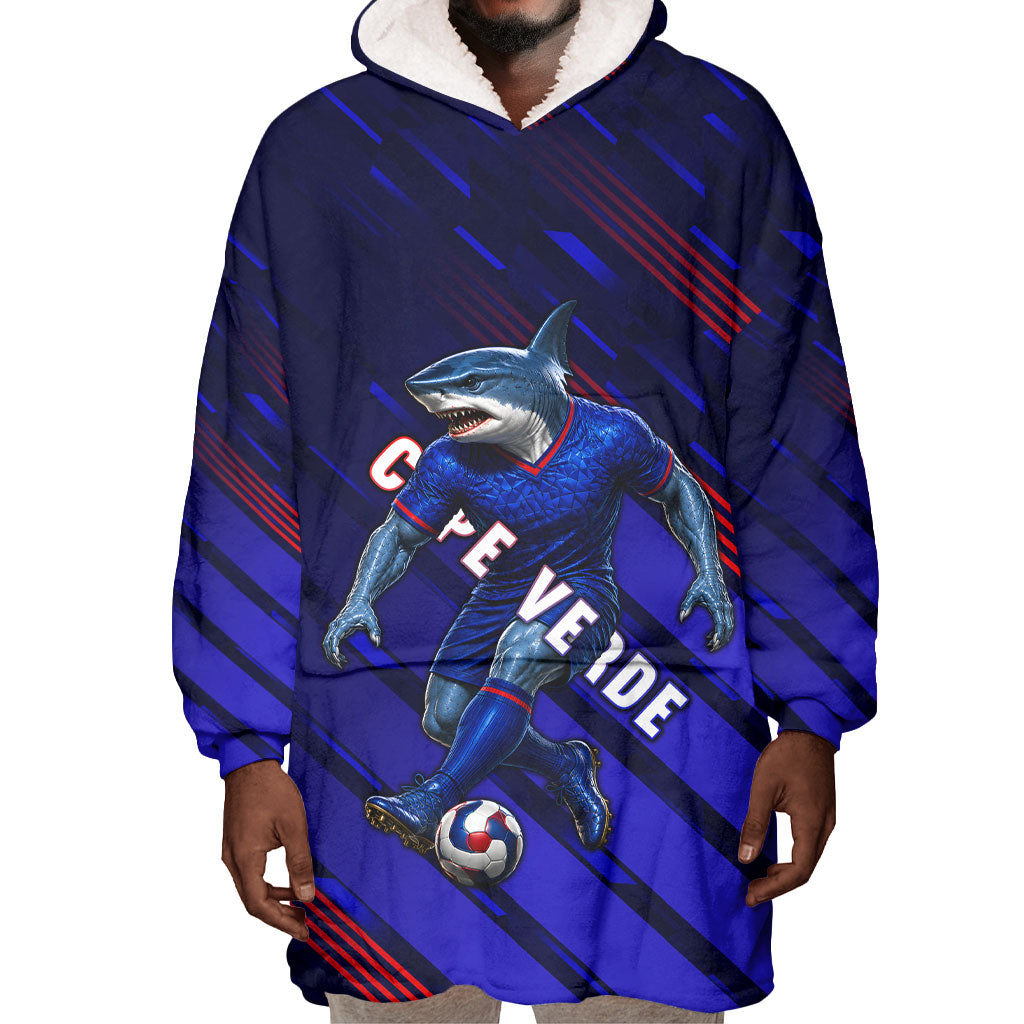 Personalized Cape Verde Soccer Wearable Blanket Hoodie Shark Mascot Football Player Striped Pattern