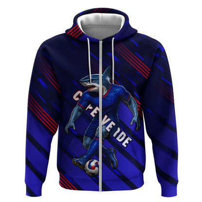 Personalized Cape Verde Soccer Zip Hoodie Shark Mascot Football Player Striped Pattern