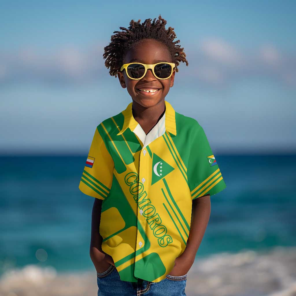 Comoros Flag Kid Hawaiian Shirt - Green and Yellow Design and National Emblem