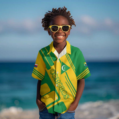Comoros Flag Kid Hawaiian Shirt - Green and Yellow Design and National Emblem