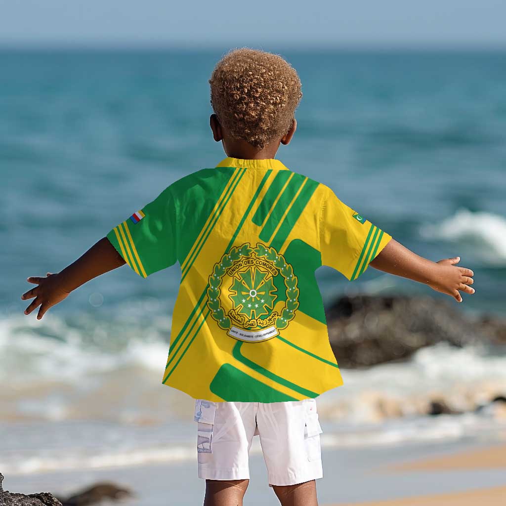 Comoros Flag Kid Hawaiian Shirt - Green and Yellow Design and National Emblem