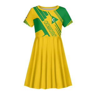 Comoros Flag Kid Short Sleeve Dress - Green and Yellow Design and National Emblem