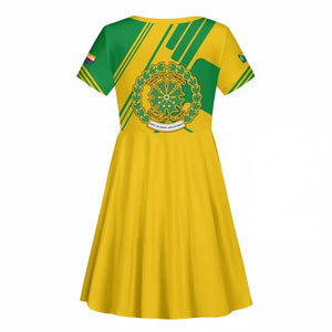 Comoros Flag Kid Short Sleeve Dress - Green and Yellow Design and National Emblem