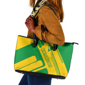 Comoros Flag Leather Tote Bag - Green and Yellow Design and National Emblem
