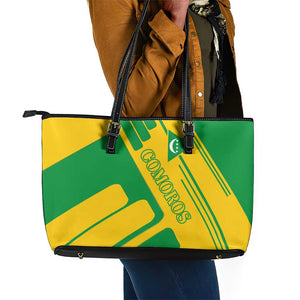 Comoros Flag Leather Tote Bag - Green and Yellow Design and National Emblem