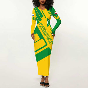 Comoros Flag Long Sleeve Bodycon Dress - Green and Yellow Design and National Emblem TS04