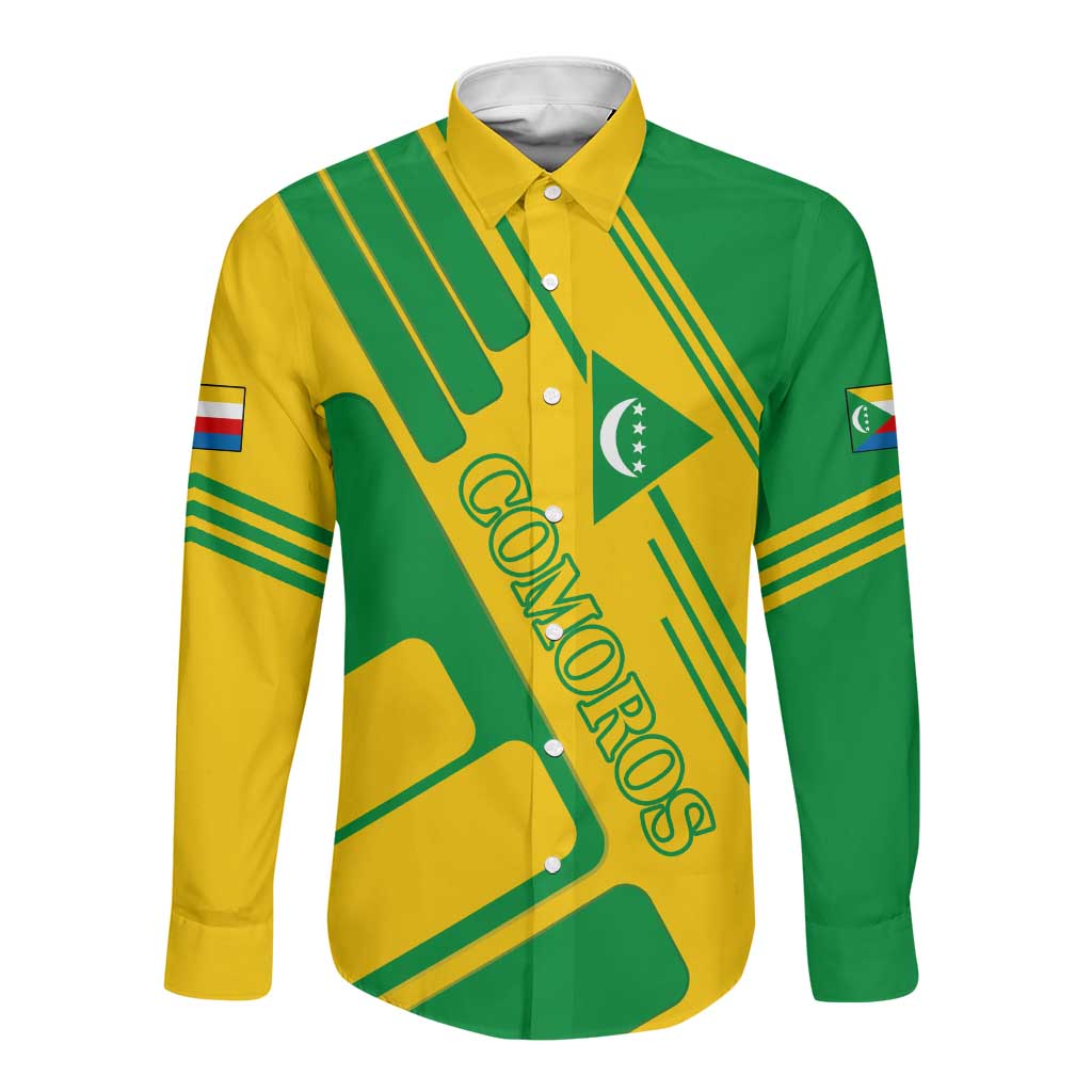 Comoros Flag Long Sleeve Button Shirt - Green and Yellow Design and National Emblem